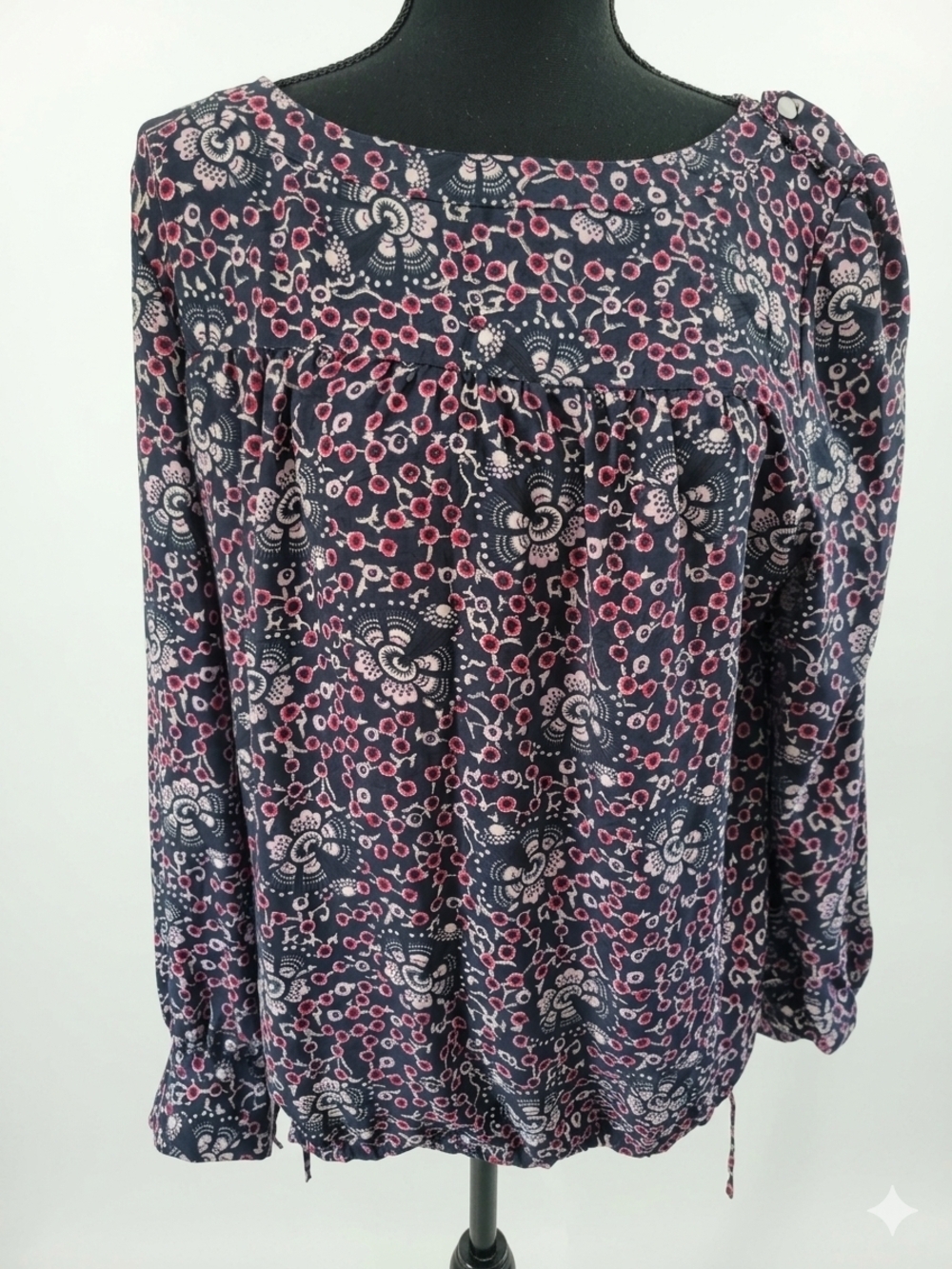 LOFT Navy Long-Sleeve Floral Print Blouse with Pink & White Accents